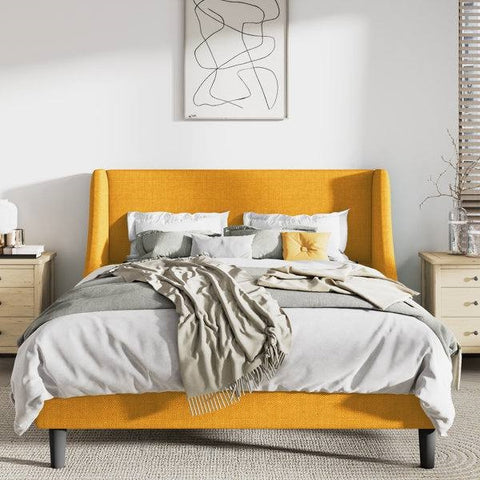 King Size Upholstered Linen Blend Headboard Wingback Platform Bed in Yellow