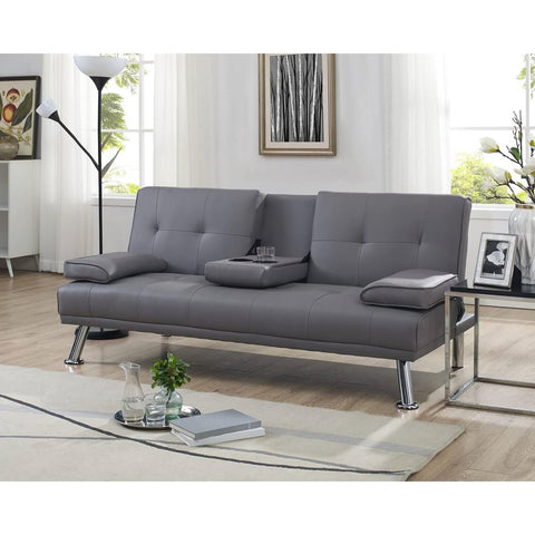 Modern Futon Sleep Sofa Bed Couch in Grey Faux Leather with Cup Holder