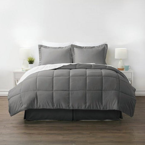 Twin 6-Piece Microfiber Baffle-Box Reversible Bed-in-a-Bag Comforter Set in Grey