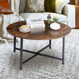 Modern Round Industrial Coffee Table with Rustic Brown Wood Top